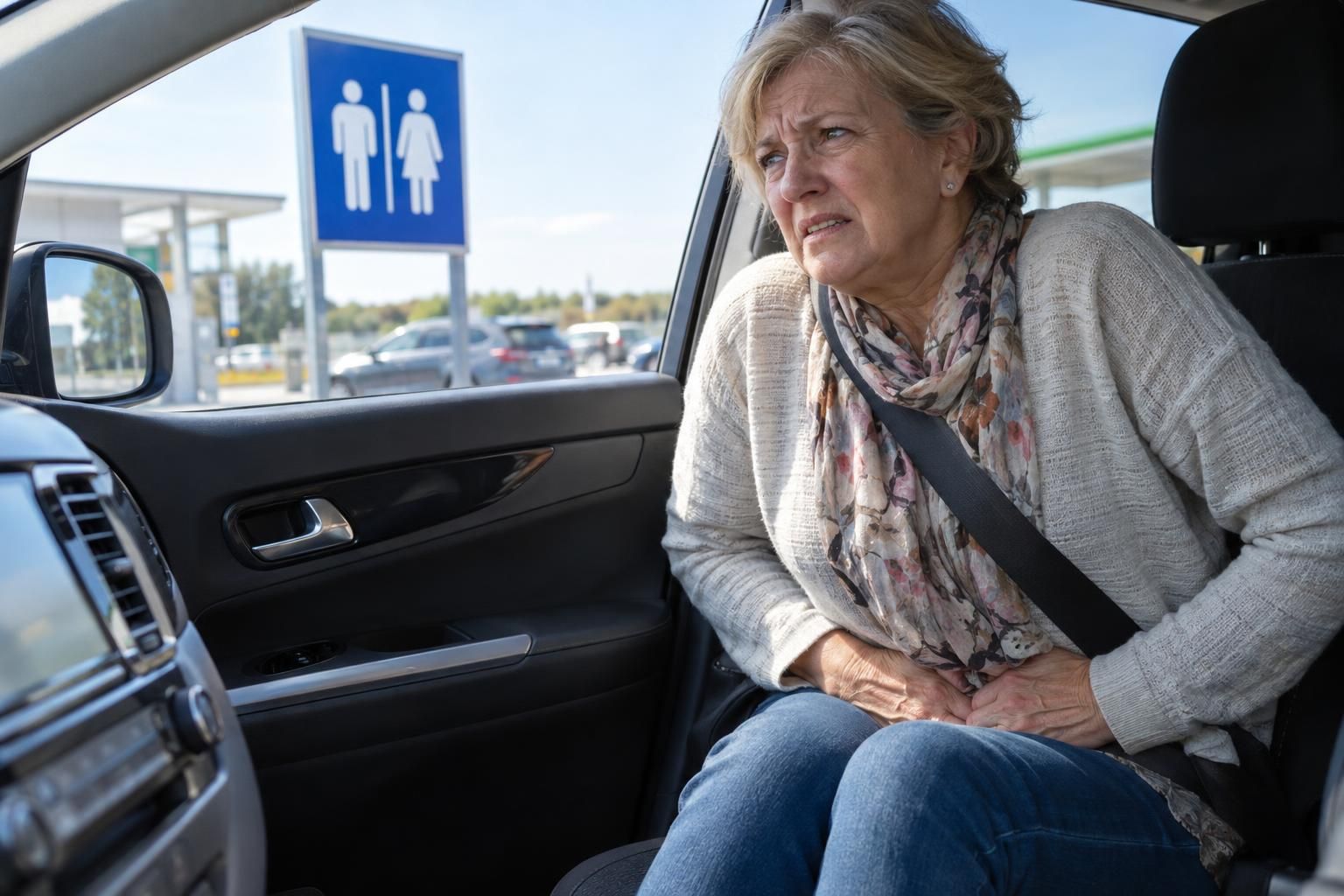 Kobieta po sześćdziesiątce na miejscu pasażera przyciska obie dłonie do podbrzusza, ściska kolana i z napięciem patrzy na niebieską tablicę z piktogramem toalety – nagłe parcie i obawa przed popuszczaniem moczu w podróży